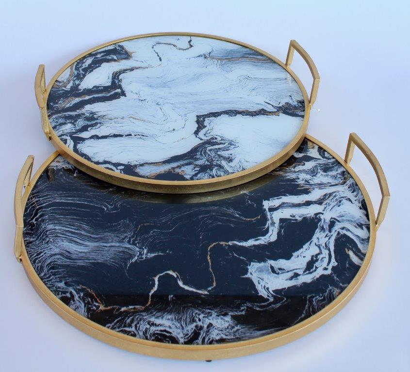 Set Of 2 Black & White Marbled Round Trays